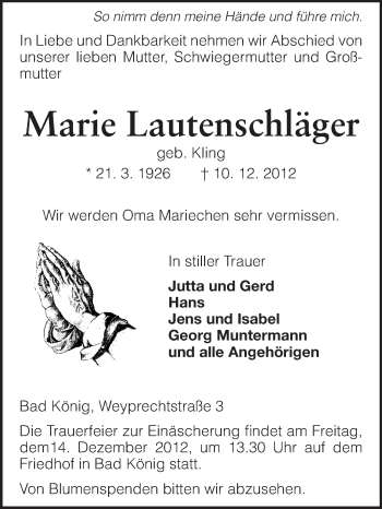 Traueranzeige von Marie Lautenschläger von Odenwälder Echo