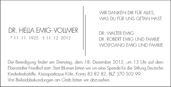 Traueranzeige von Hella Emig-Vollmer von Echo-Zeitungen (Gesamtausgabe)