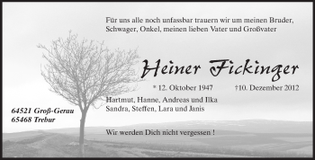 Traueranzeige von Heiner Fickinger von Rüsselsheimer Echo, Groß-Gerauer-Echo, Ried Echo