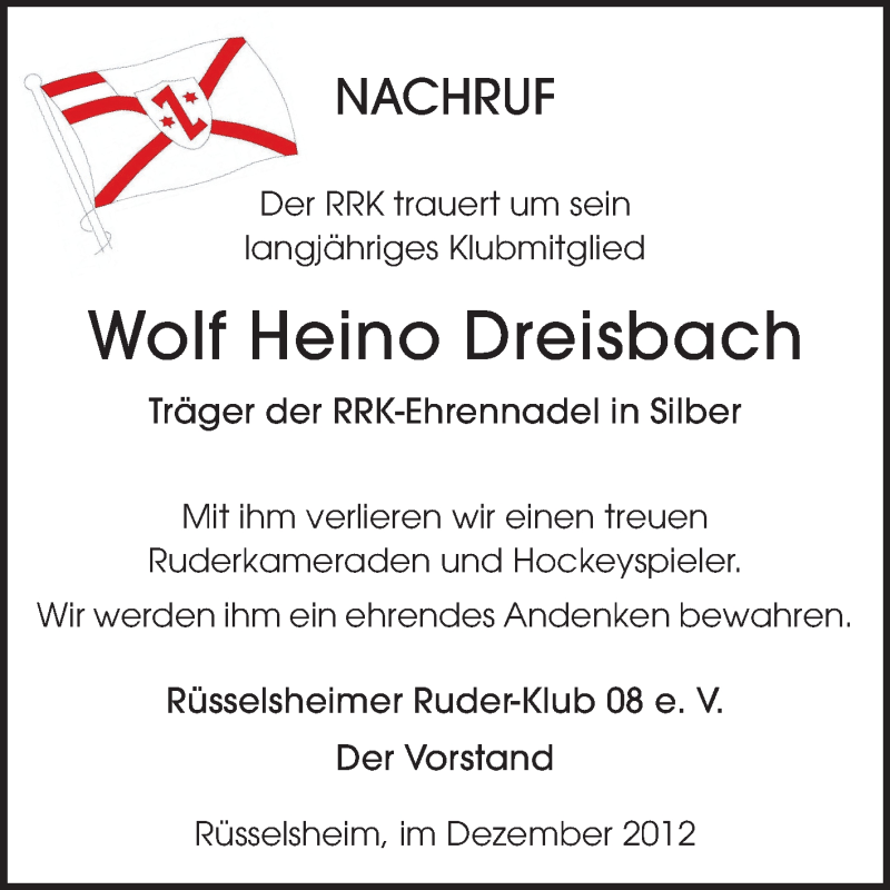  Traueranzeige für Wolf Heino Dreisbach vom 13.12.2012 aus Rüsselsheimer Echo, Groß-Gerauer-Echo, Ried Echo
