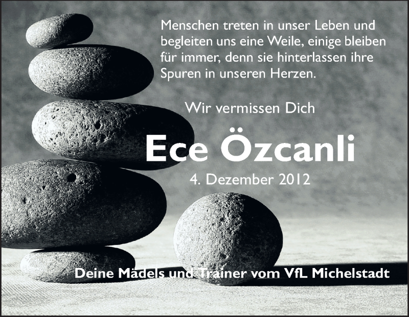  Traueranzeige für Ece Özcanli vom 15.12.2012 aus Odenwälder Echo