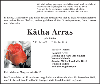Traueranzeige von Kätha Arras von Odenwälder Echo