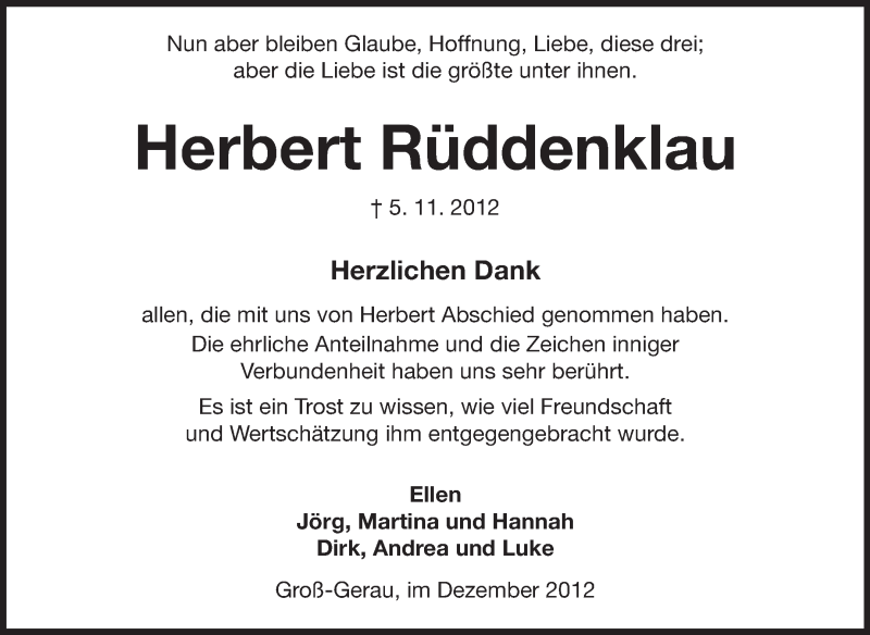  Traueranzeige für Herbert Rüddenklau vom 15.12.2012 aus Rüsselsheimer Echo, Groß-Gerauer-Echo, Ried Echo