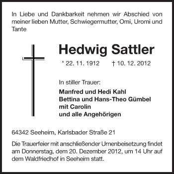 Traueranzeige von Hedwig Sattler von Echo-Zeitungen (Gesamtausgabe)