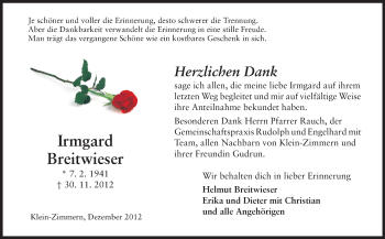 Traueranzeige von Irmgard Breitwieder von Echo-Zeitungen (Gesamtausgabe)