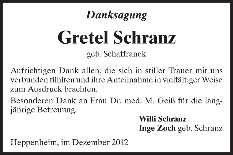  Traueranzeige für Gretel Schranz vom 17.12.2012 aus Starkenburger Echo