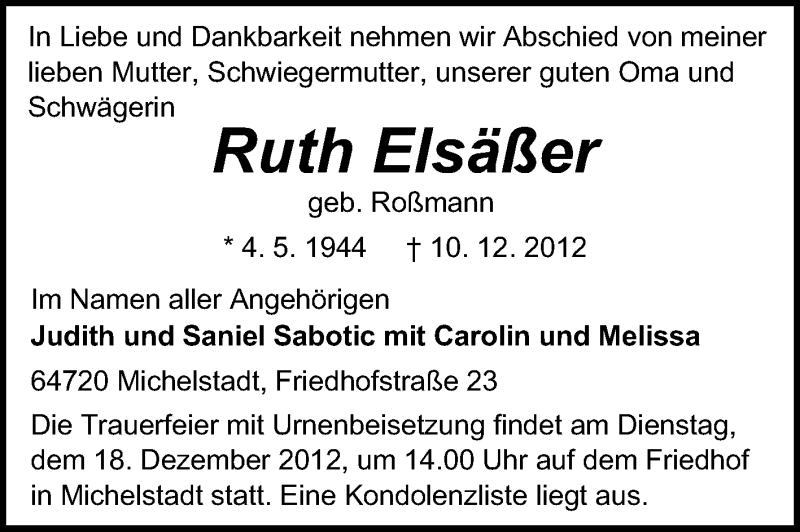  Traueranzeige für Ruth Elsäßer vom 15.12.2012 aus Odenwälder Echo