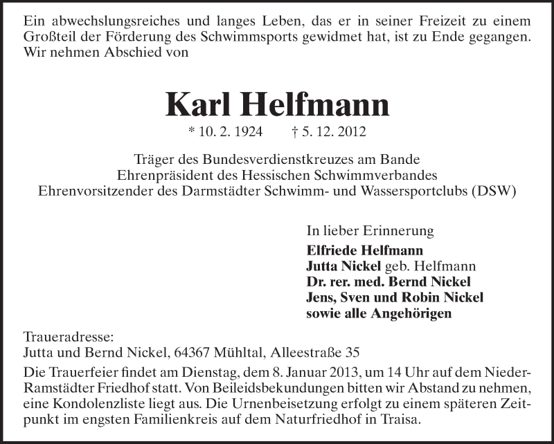  Traueranzeige für Karl Helfmann vom 15.12.2012 aus Echo-Zeitungen (Gesamtausgabe)