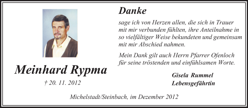  Traueranzeige für Meinhard Rypma vom 15.12.2012 aus Odenwälder Echo