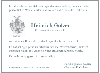 Traueranzeige von Heinrich Golzer von Echo-Zeitungen (Gesamtausgabe)
