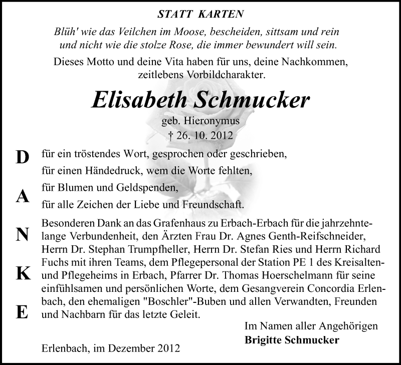  Traueranzeige für Elisabeth Schmucker vom 15.12.2012 aus Odenwälder Echo