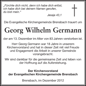 Traueranzeige von Georg Wilhelm Germann von Odenwälder Echo