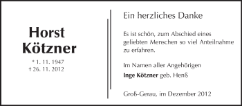 Traueranzeige von Horst Kötzner von Rüsselsheimer Echo, Groß-Gerauer-Echo, Ried Echo