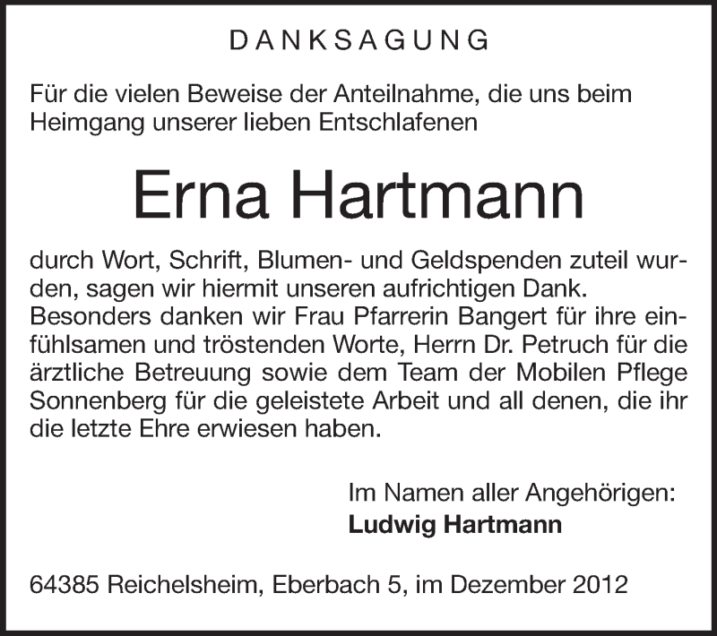  Traueranzeige für Erna Hartmann vom 15.12.2012 aus Darmstädter Echo, Odenwälder Echo, Rüsselsheimer Echo, Groß-Gerauer-Echo, Ried Echo