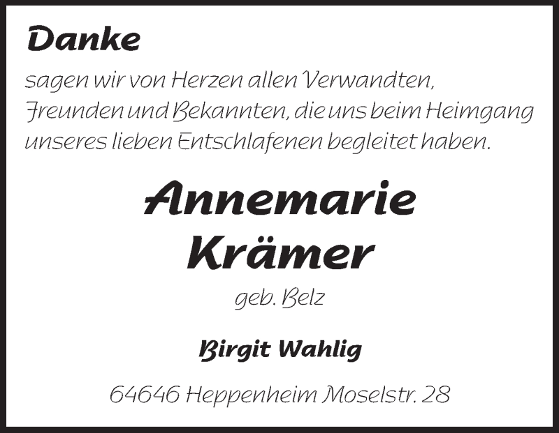  Traueranzeige für Annemarie Krämer vom 17.12.2012 aus Odenwälder Echo