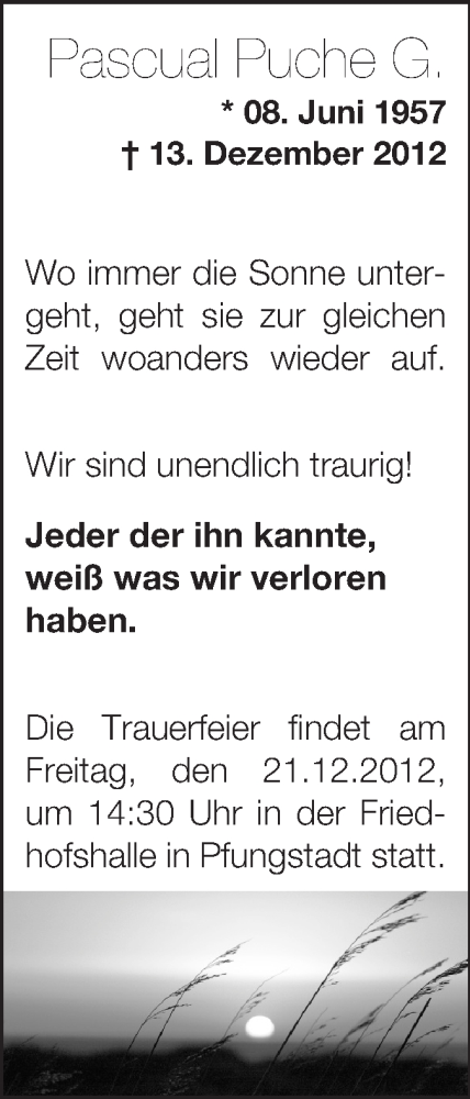  Traueranzeige für Pascual Puche vom 19.12.2012 aus Echo-Zeitungen (Gesamtausgabe)