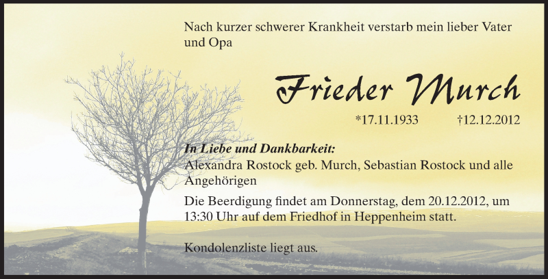  Traueranzeige für Frieder Murch vom 17.12.2012 aus Starkenburger Echo