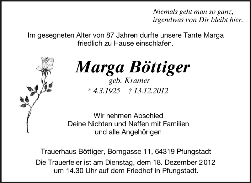  Traueranzeige für Marga Böttiger vom 17.12.2012 aus Echo-Zeitungen (Gesamtausgabe)