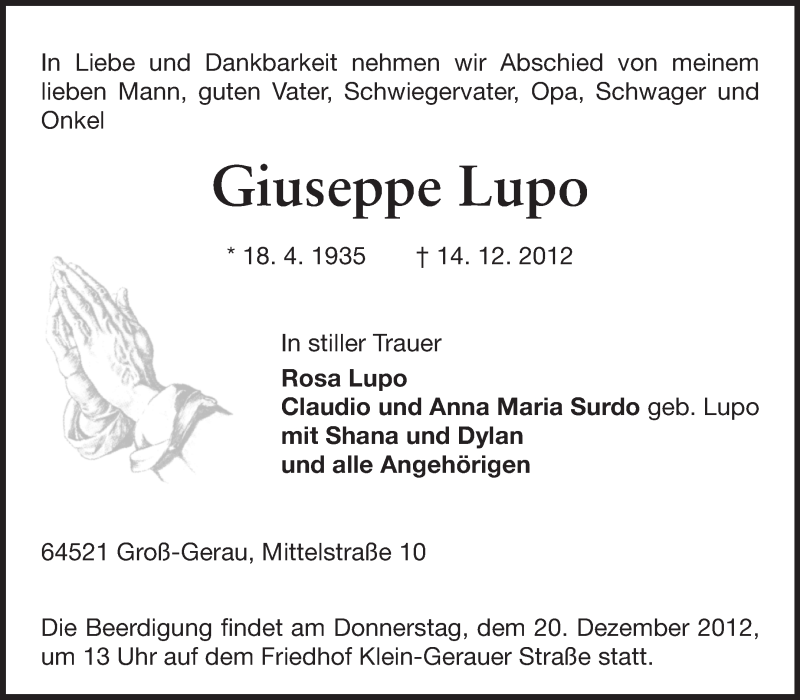  Traueranzeige für Guiseppe Lupo vom 17.12.2012 aus Rüsselsheimer Echo, Groß-Gerauer-Echo, Ried Echo