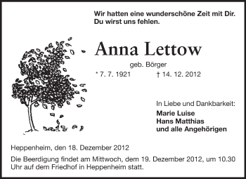 Traueranzeige von Anna Lettow von Starkenburger Echo, Bergsträßer Anzeiger