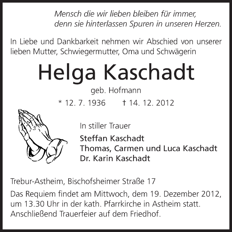  Traueranzeige für Helga Kaschadt vom 18.12.2012 aus Rüsselsheimer Echo, Groß-Gerauer-Echo, Ried Echo