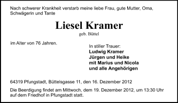 Traueranzeige von Liesel Kramer von Echo-Zeitungen (Gesamtausgabe)