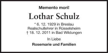Traueranzeige von Lothar Schulz von Rüsselsheimer Echo, Groß-Gerauer-Echo, Ried Echo