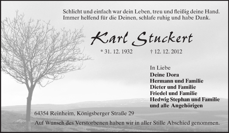  Traueranzeige für Karl Stuckert vom 22.12.2012 aus Echo-Zeitungen (Gesamtausgabe)
