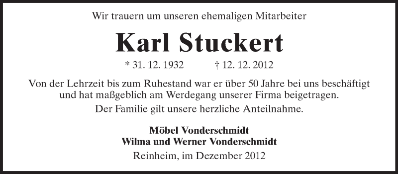  Traueranzeige für Karl Stuckert vom 22.12.2012 aus Echo-Zeitungen (Gesamtausgabe)