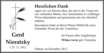 Traueranzeige von Gerd Nieratzky von Odenwälder Echo
