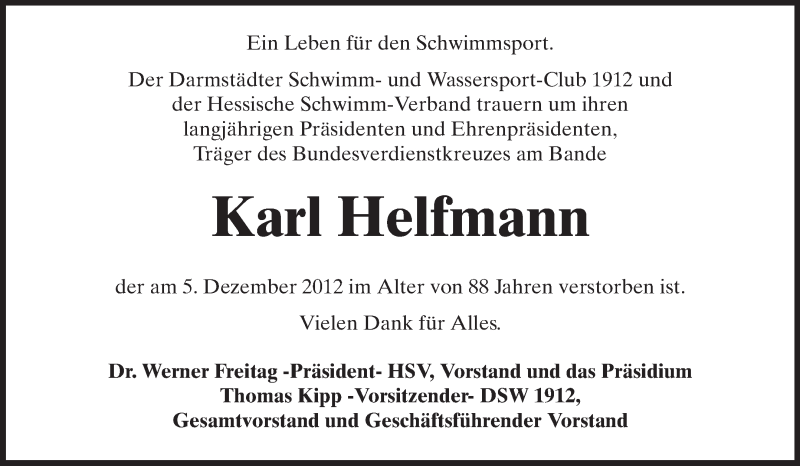  Traueranzeige für Karl Helfmann vom 19.12.2012 aus Echo-Zeitungen (Gesamtausgabe)