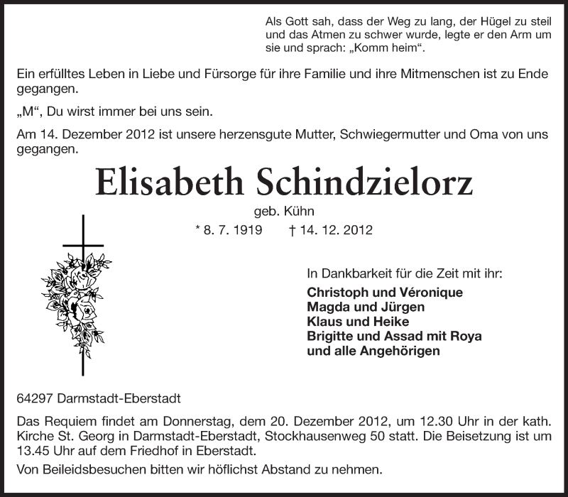  Traueranzeige für Elisabeth Schindzielorz vom 19.12.2012 aus Echo-Zeitungen (Gesamtausgabe)