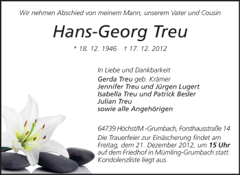 Traueranzeige von Hans-Georg Treu von Odenwälder Echo