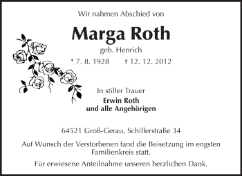 Traueranzeige von Marga Roth von Echo-Zeitungen (Gesamtausgabe)