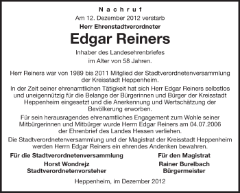 Traueranzeige von Edgar Reiners von Starkenburger Echo