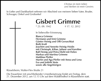 Traueranzeige von Gisbert Grimme von Rüsselsheimer Echo, Groß-Gerauer-Echo, Ried Echo
