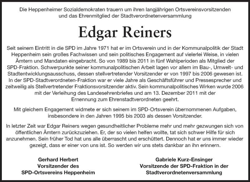  Traueranzeige für Edgar Reiners vom 19.12.2012 aus Starkenburger Echo