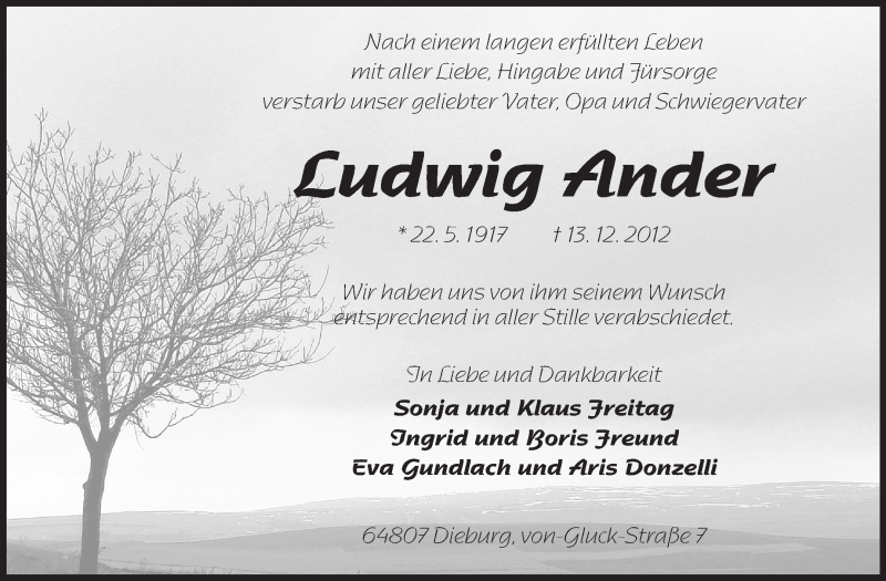  Traueranzeige für Ludwig Ander vom 22.12.2012 aus Echo-Zeitungen (Gesamtausgabe)
