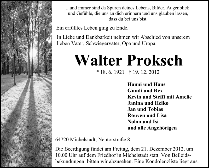  Traueranzeige für Walter Albert Proksch vom 20.12.2012 aus Odenwälder Echo