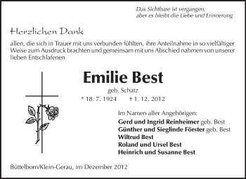 Traueranzeige von Emilie Best von Rüsselsheimer Echo, Groß-Gerauer-Echo, Ried Echo