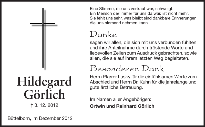  Traueranzeige für Hildegard Görlich vom 22.12.2012 aus Rüsselsheimer Echo, Groß-Gerauer-Echo, Ried Echo