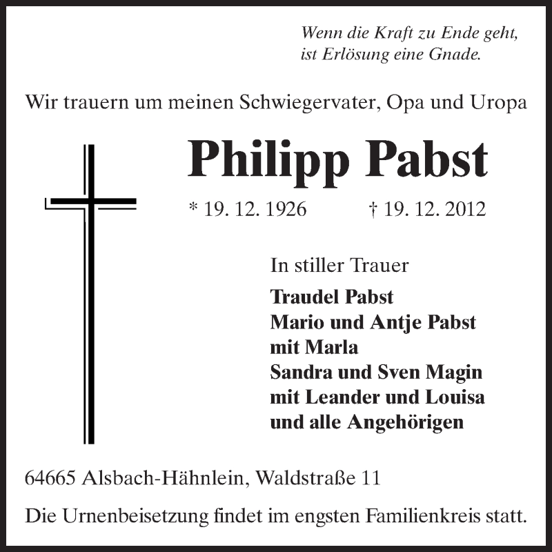  Traueranzeige für Philipp Pabst vom 22.12.2012 aus Echo-Zeitungen (Gesamtausgabe)