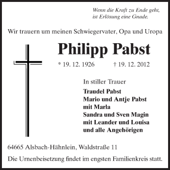 Traueranzeige von Philipp Pabst von Echo-Zeitungen (Gesamtausgabe)