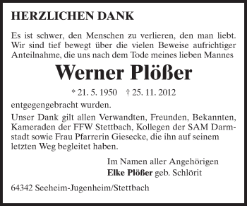 Traueranzeige von Werner Plößer von Echo-Zeitungen (Gesamtausgabe)