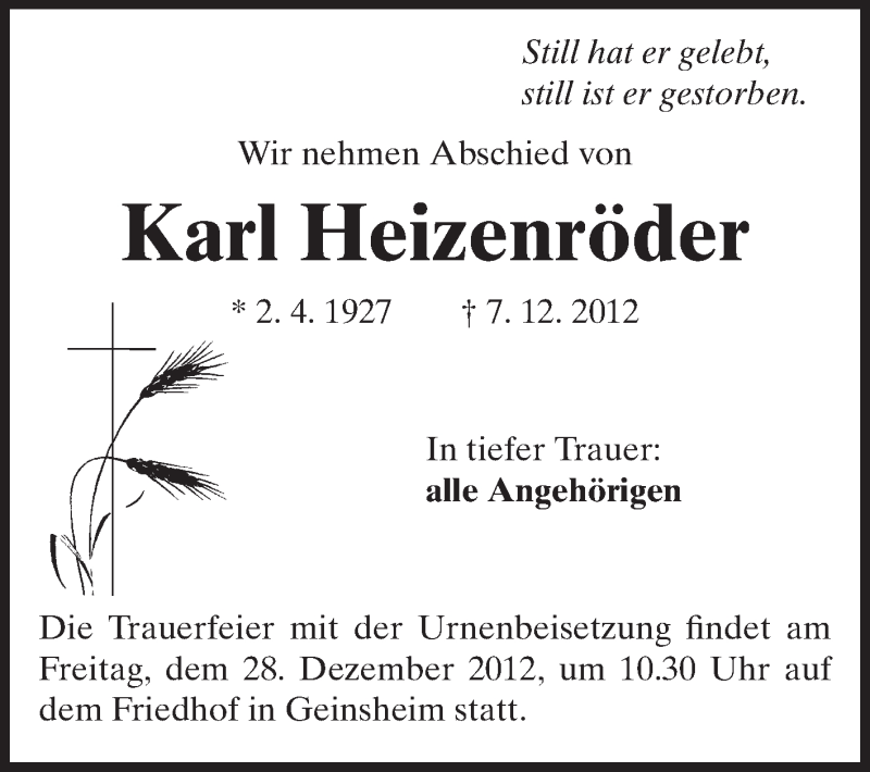  Traueranzeige für Karl Heizenröder vom 21.12.2012 aus Rüsselsheimer Echo, Groß-Gerauer-Echo, Ried Echo