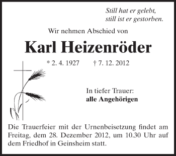 Traueranzeige von Karl Heizenröder von Rüsselsheimer Echo, Groß-Gerauer-Echo, Ried Echo