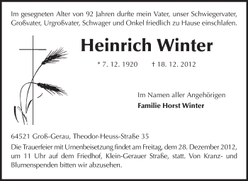 Traueranzeige von Heinrich Winter von Rüsselsheimer Echo, Groß-Gerauer-Echo, Ried Echo