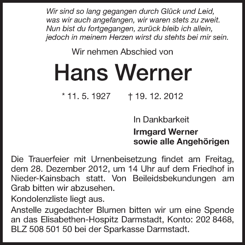  Traueranzeige für Hans Werner vom 22.12.2012 aus Odenwälder Echo