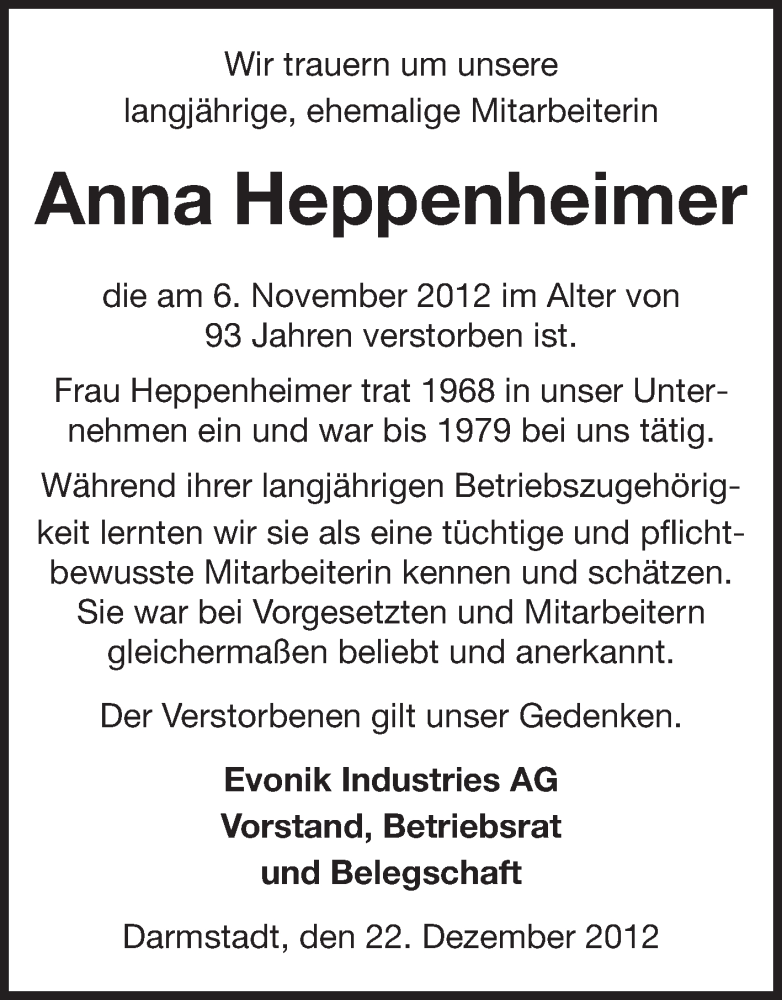  Traueranzeige für Anna Heppenheimer vom 22.12.2012 aus Echo-Zeitungen (Gesamtausgabe)