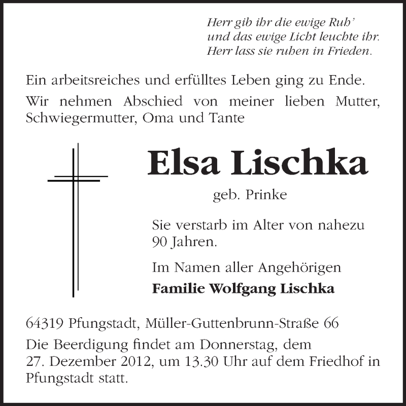  Traueranzeige für Elsa Lischka vom 22.12.2012 aus Echo-Zeitungen (Gesamtausgabe)